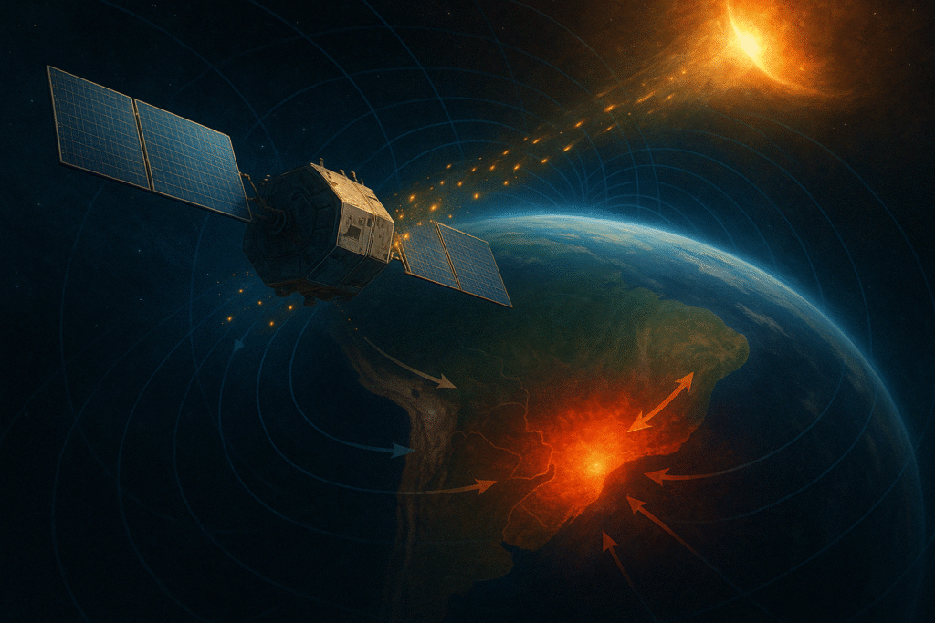 07 RESSONANCIA SHULMMAN Morar sob a AMAS não torna ninguém “mais exposto” à radiação em terra, mas coloca o Brasil numa zona onde satélites, aviação e comunicações sofrem maiores oscilações quando a atividade solar dispara—fenômeno que também pode turbinar momentaneamente a potência registrada da Ressonância Schumann. Informação contextualizada e calibração das expectativas são as melhores defesas contra alarmes exagerados.