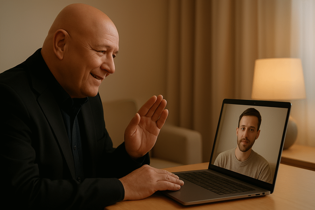 Atendimento telepresencial de hipnose clínica e psicoterapia com o Prof. Dr. João Oliveira. A cena mostra o terapeuta realizando uma sessão online por videoconferência, em um ambiente acolhedor, com iluminação suave e foco no cuidado em saúde mental. A imagem simboliza a integração entre tecnologia e humanização no acompanhamento terapêutico, destacando a segurança, a proximidade e a eficácia do atendimento remoto.