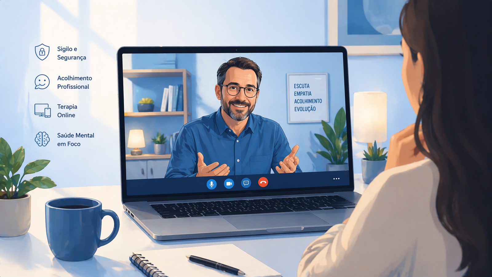 Ilustração da sessão telepresencial de hipnose clínica